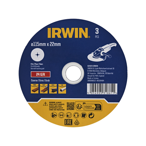 IRWIN 115 x 22mm 24 Grit Fibre Discs - 3 Pack