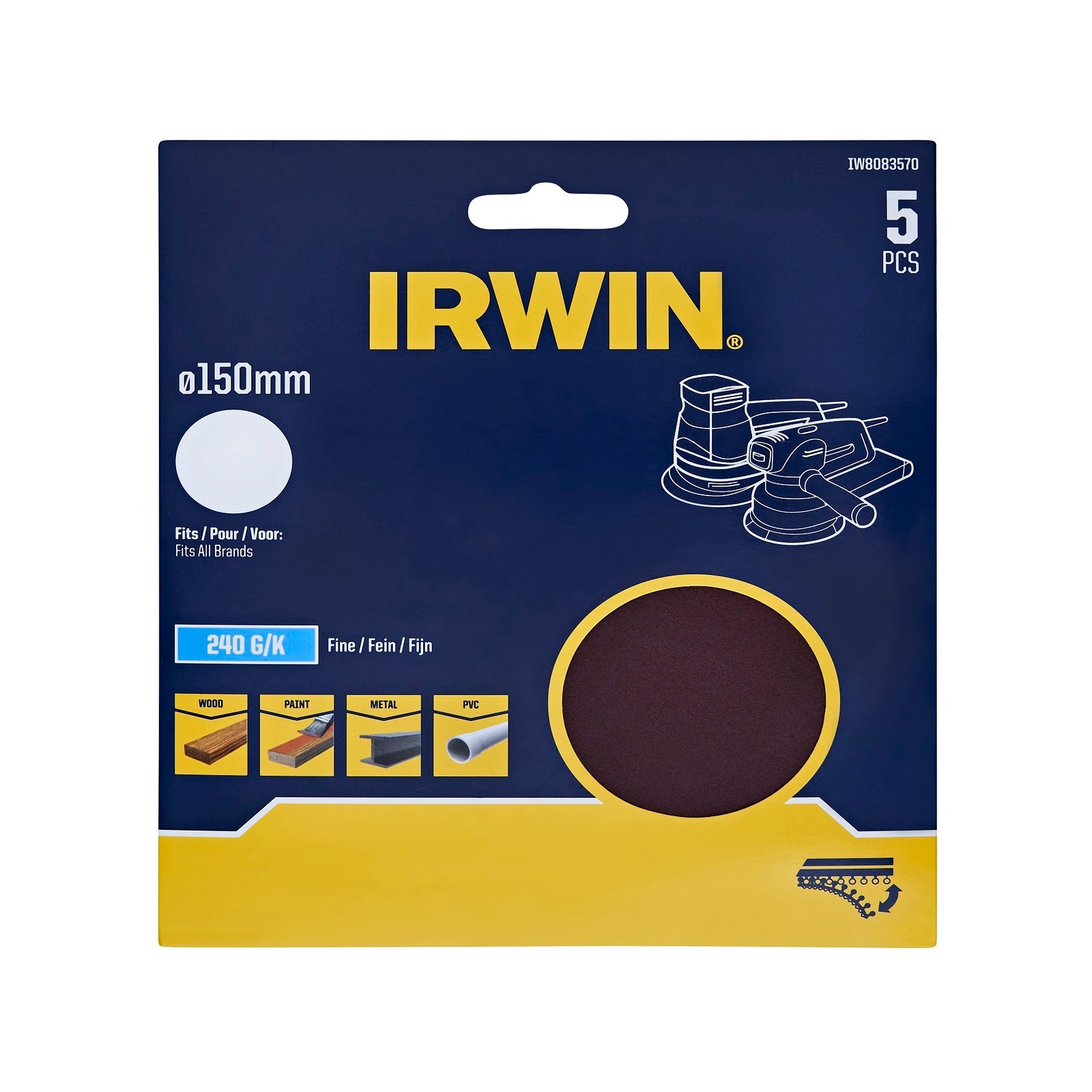 Irwin 150mm 240 Grit No-Hole Quick Fit Random Orbital Sanding Discs - 5 Pack