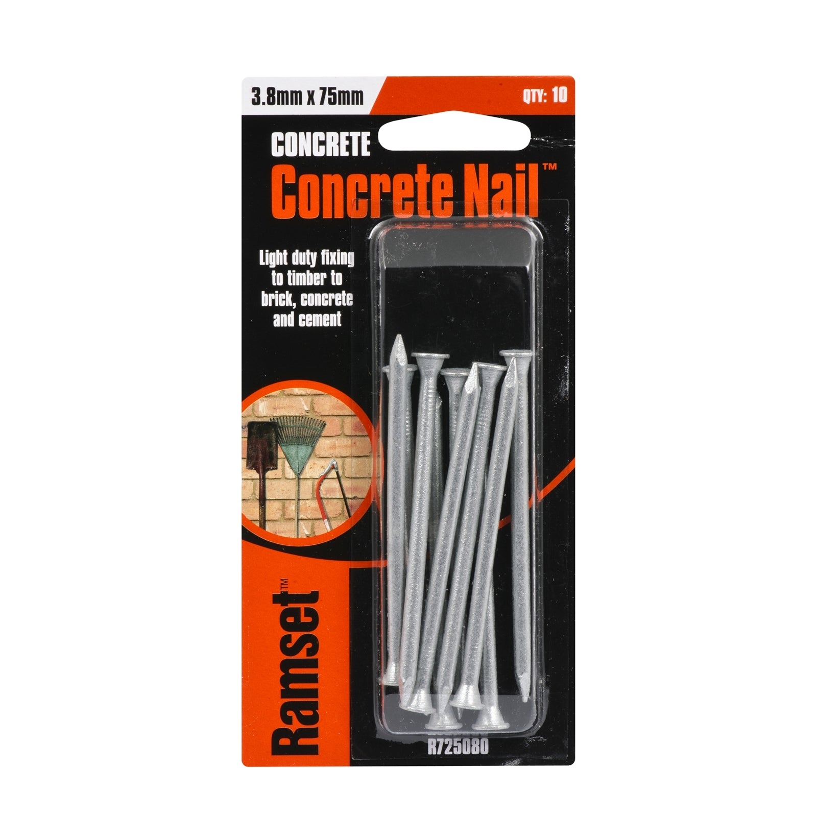 Ramset 3.8 x 75mm Concrete Nails - Zinc Plated Carbon Steel, 10 Pack