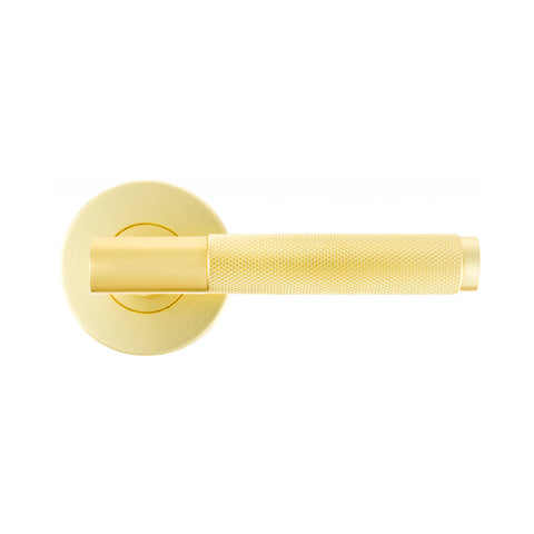 Ikonic Knurled Privacy Lever Set Brushed Brass, Zinc Construction, Snib Lock for Bathroom & Bedroom Doors