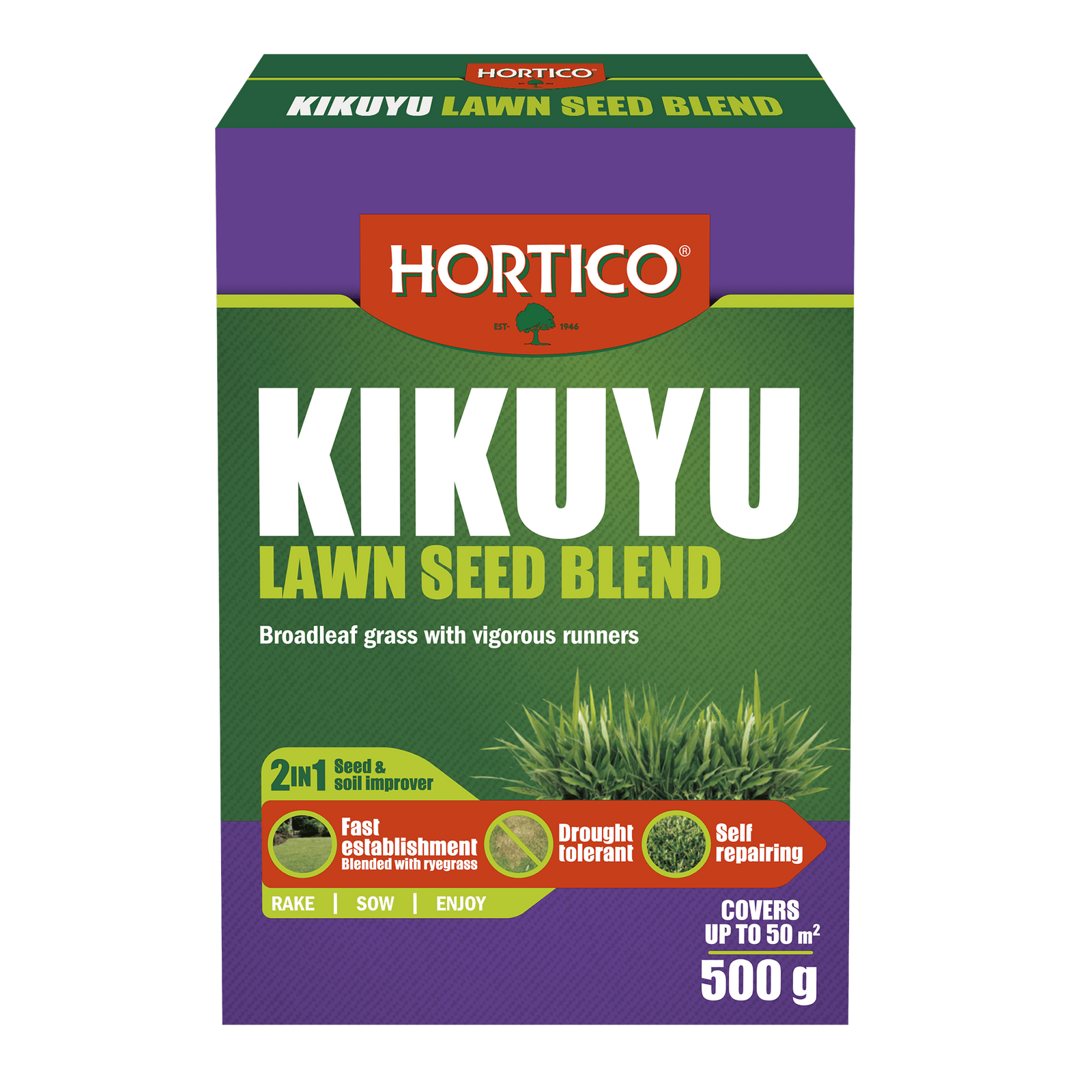 Hortico 500g Kikuyu Lawn Seed Blend, Drought Tolerant Warm Season Grass, Covers 50sqm