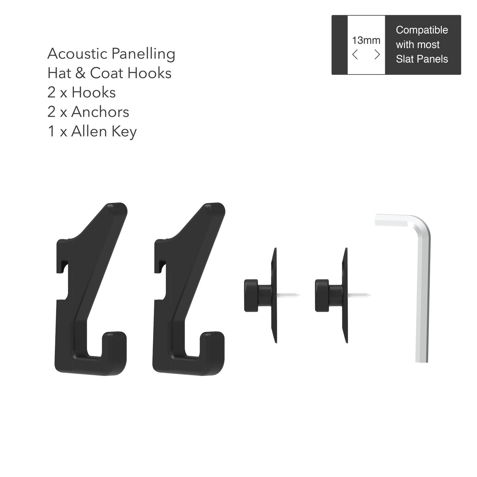 MODE Acoustic Panelling Hat & Coat Hooks - 2 Pack, Black