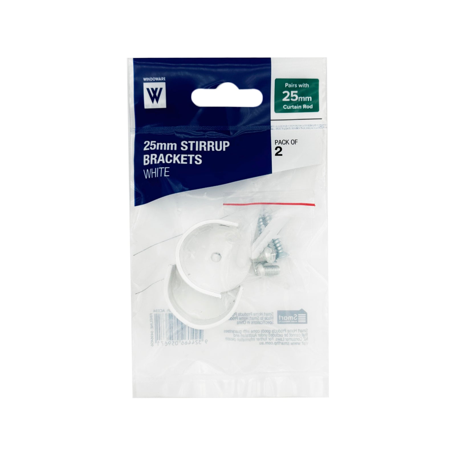 Windoware 25mm White Curtain Rod Stirrup Bracket, 2 Pack