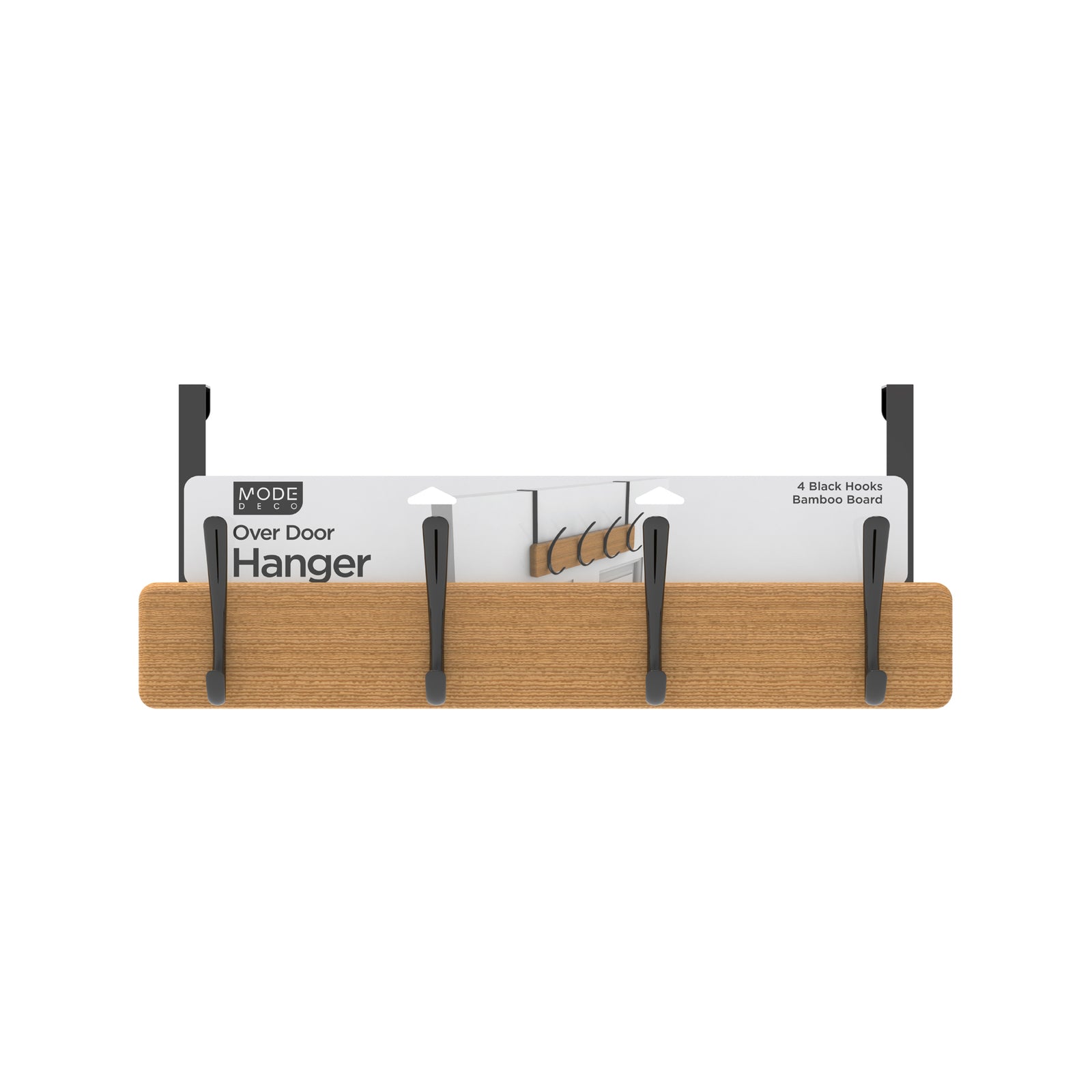 MODE 450 x 70 x 45mm Bamboo Board 4 Black Hooks Over Door Hanger