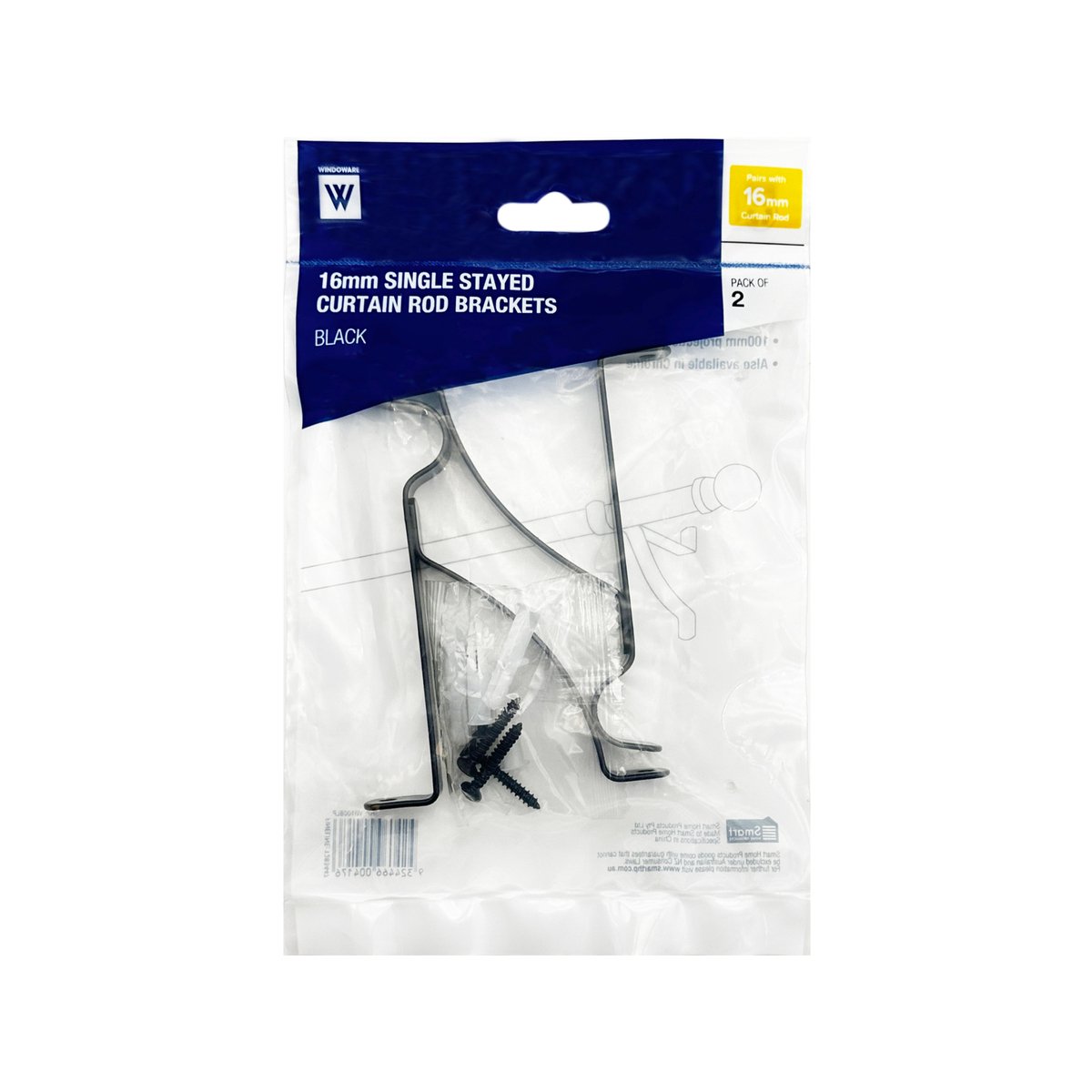 Windoware 100mm Black Metal Single Stayed Curtain Bracket - 2 Pack