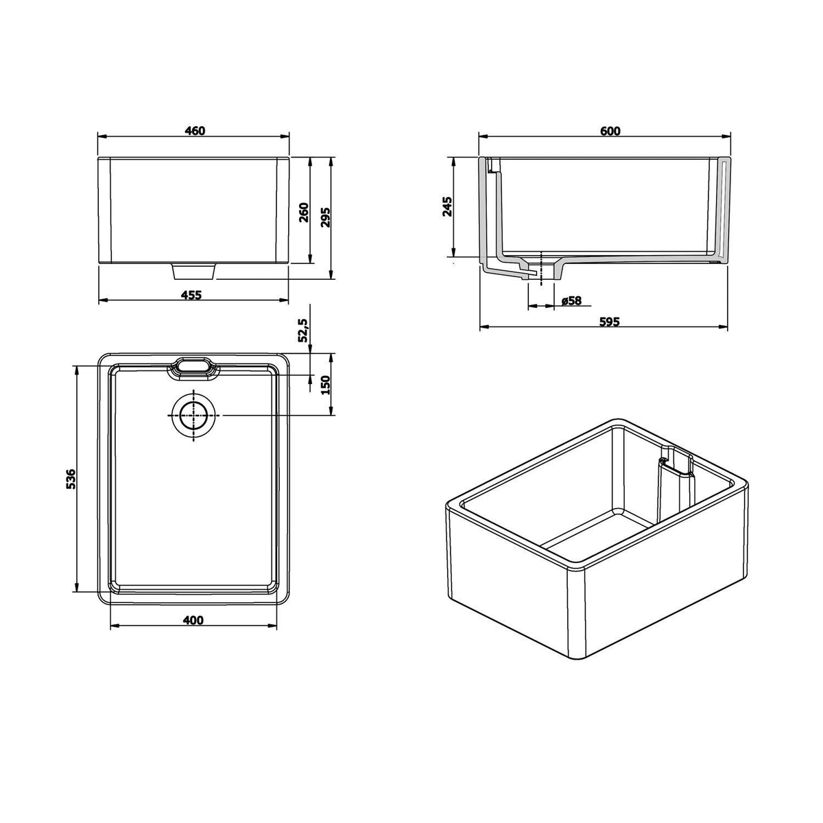 Turner Hastings Belfast 60 x 46 Single Bowl Butler Sink - Fine Fireclay, White Gloss, 39L - 7400