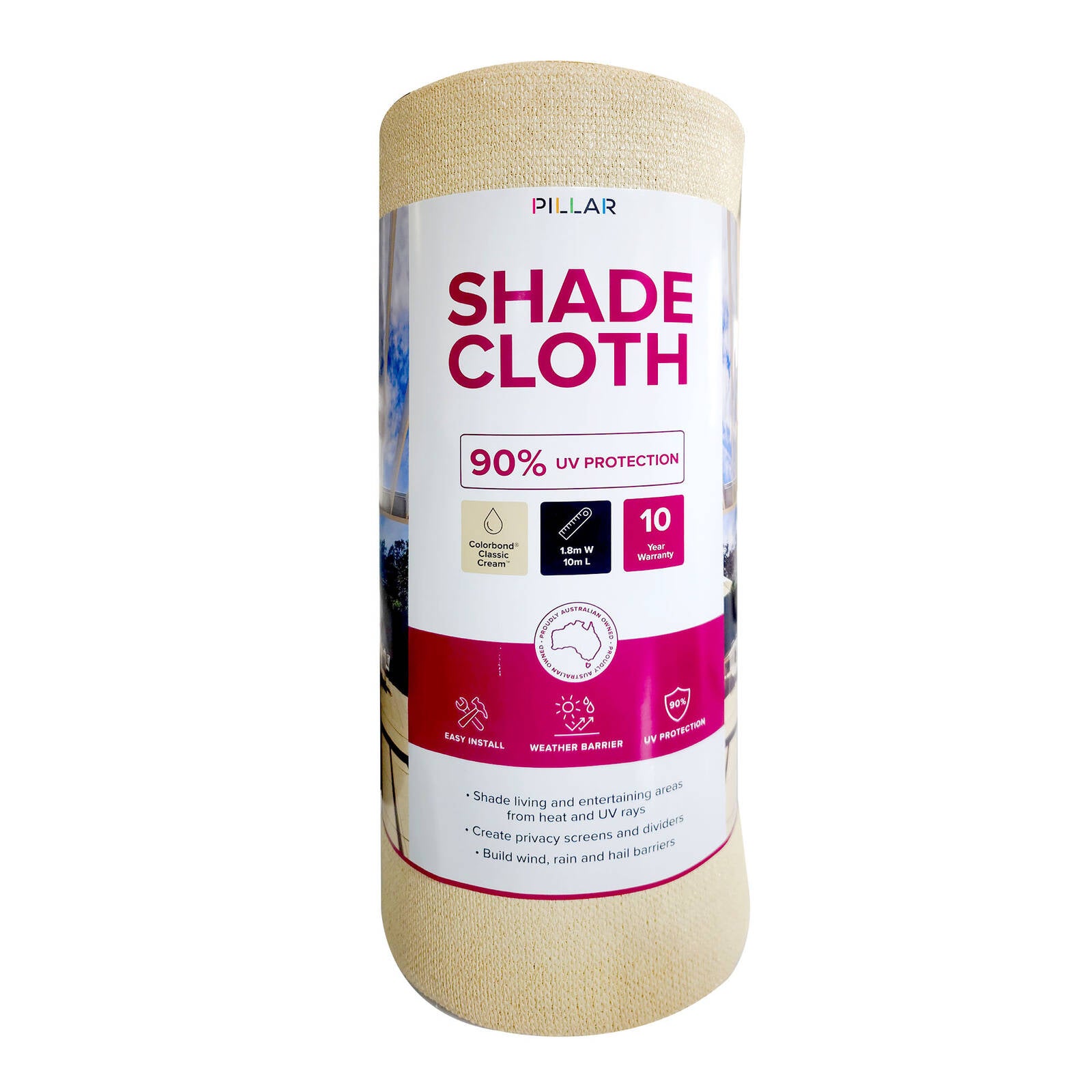 Pillar Products 1.83 x 10m Classic Cream HDPE 90% UV Block Shade Cloth