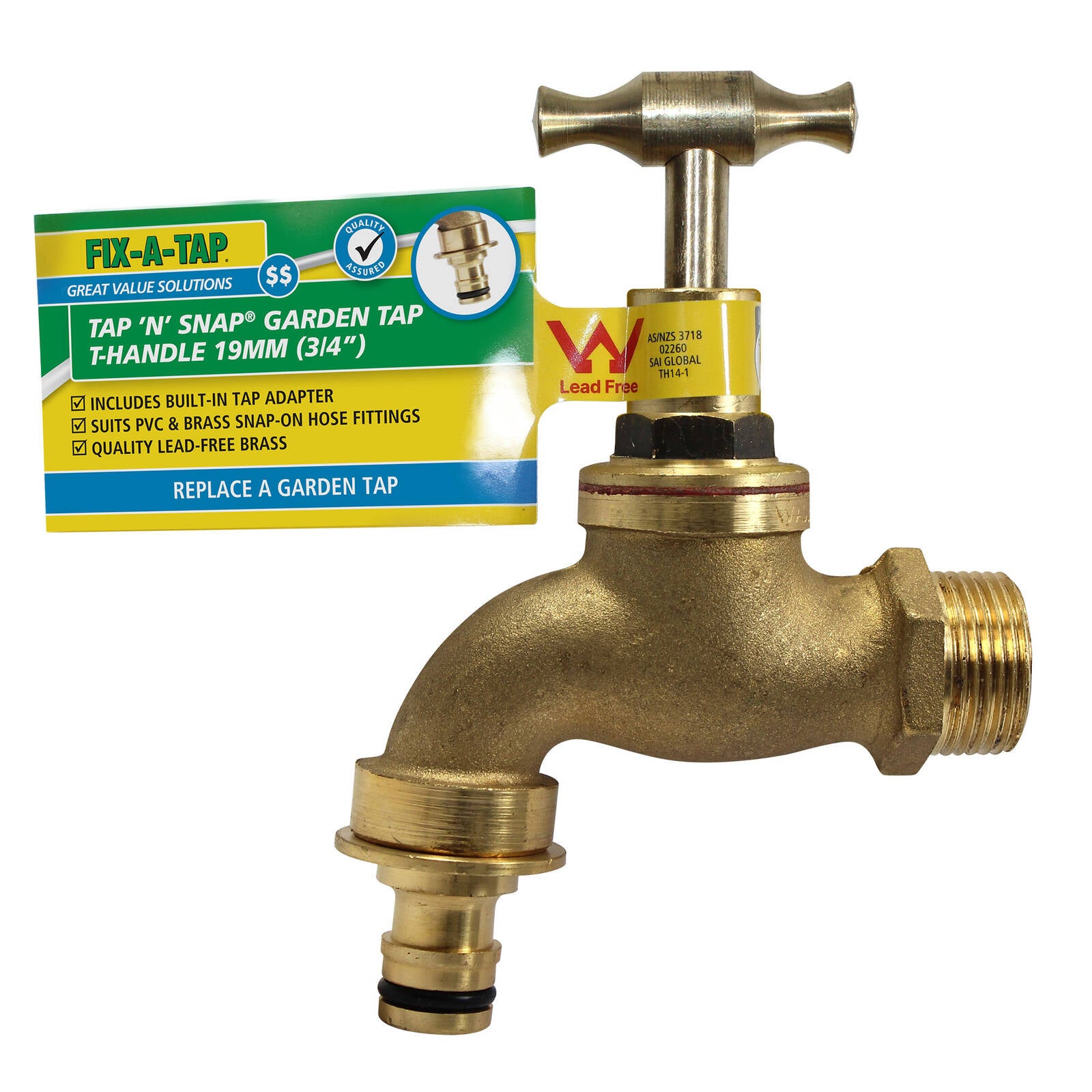 FIX-A-TAP 19mm 3/4" Lead-Free Brass T-Handle Tap 'N' Snap Garden Tap