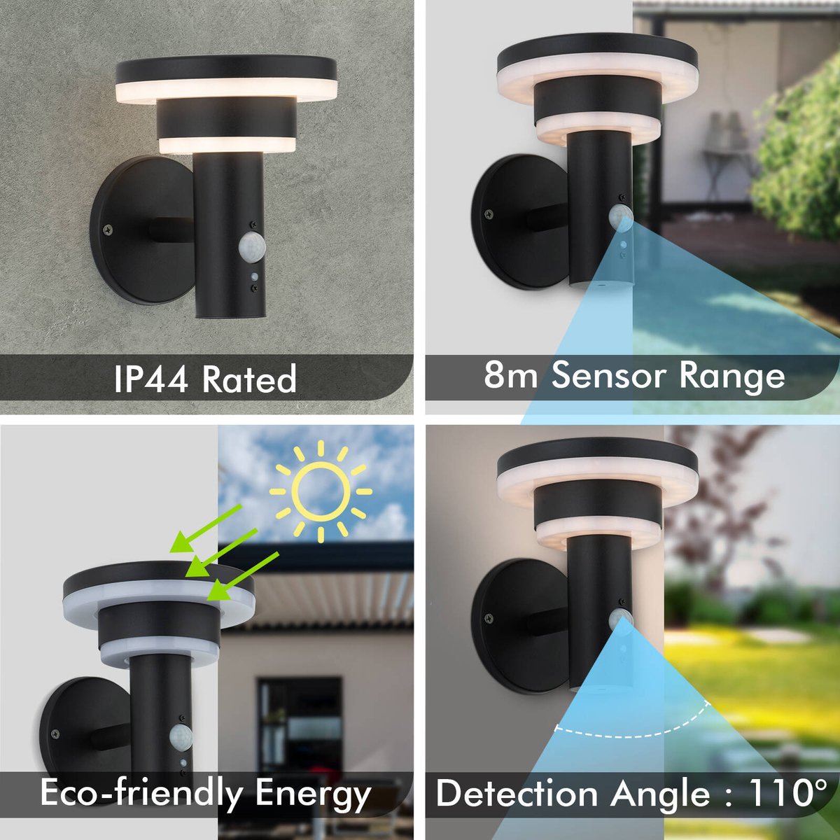 Arlec Solar LED Wall Light 18cm 400lm Black - Motion Sensor - IP44 Weatherproof - SuperSaverAU - view 4