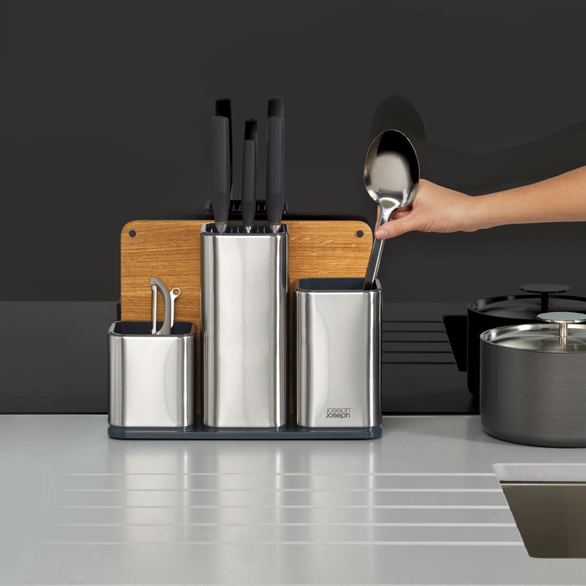Joseph Joseph CounterStore 100 kitchen worktop organiser - Stainless steel - Oak board included - 95026