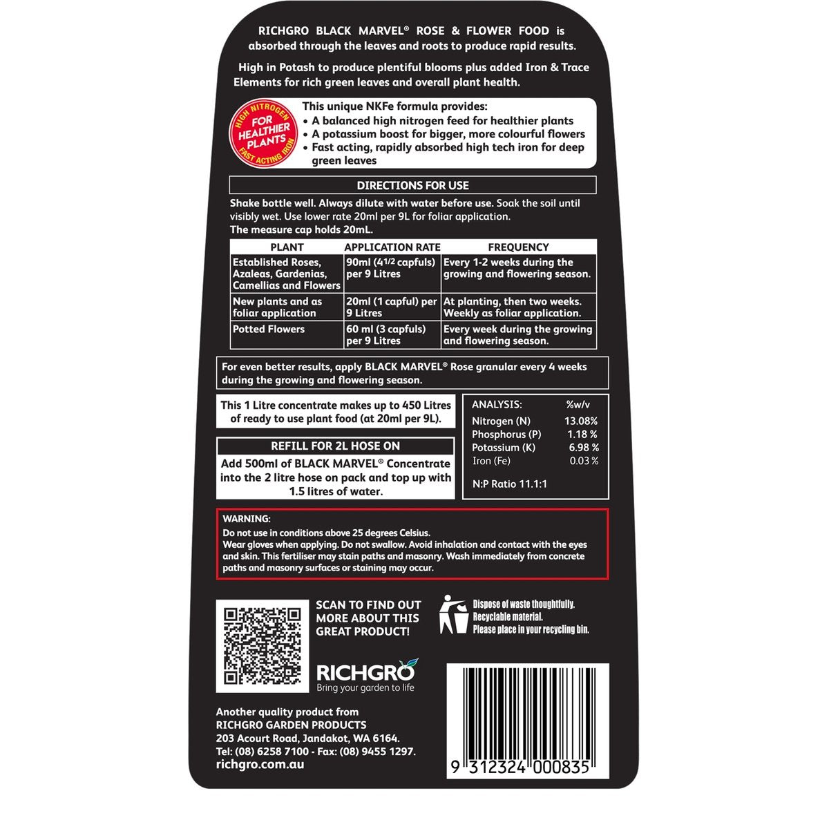 Richgro Black Marvel Rose Flower Food Liquid Fertiliser 1L Concentrate - SuperSaverAU - view 2