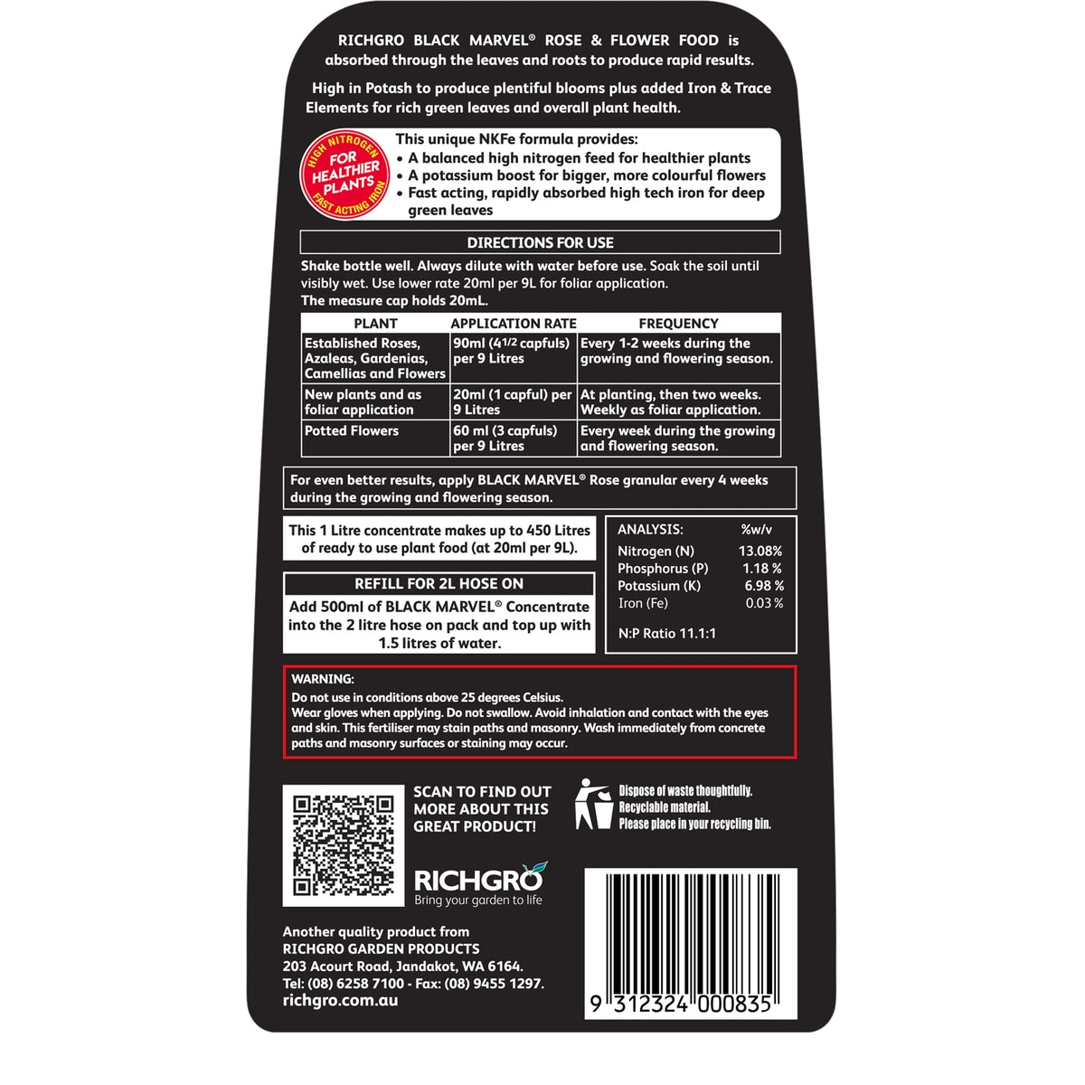 Richgro Black Marvel 1L Rose & Flower Food Liquid Fertiliser Concentrate