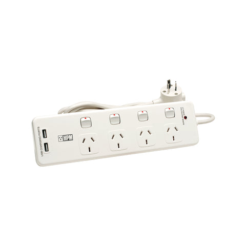HPM 4 Outlet USB Charging Switched Powerboard White 1.8m 4.2A ABS Overload Protection D104PAUSBWE