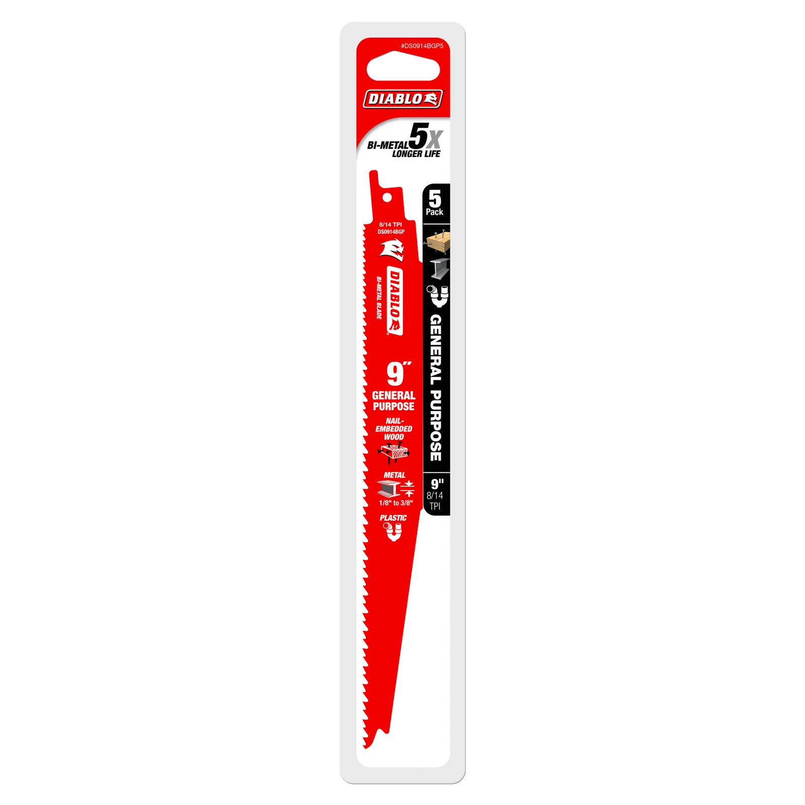 Diablo 9" Bi-Metal General Purpose Reciprocating Saw Blades, 5 Pack
