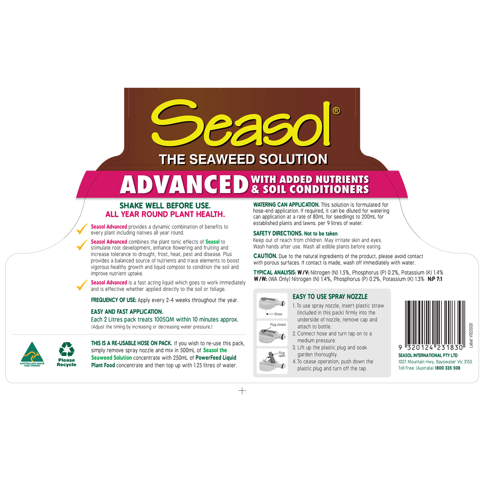 Seasol Advanced Health Tonic Hose-On Twin Pack 2 x 2L, Safe for Vegetables