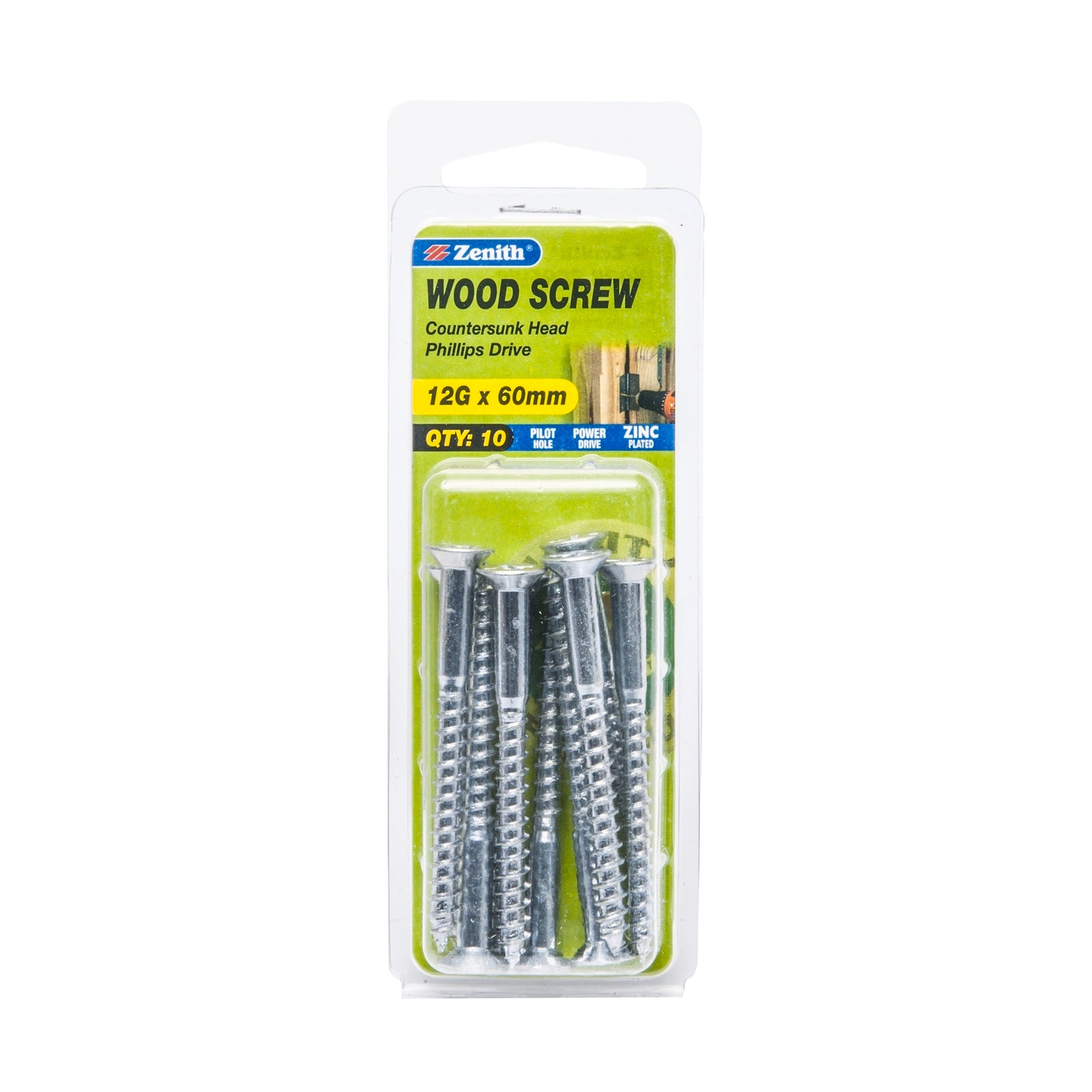 Zenith 12G x 60mm Zinc Plated Countersunk Head Wood Screws, Needle Point, 10 Pack
