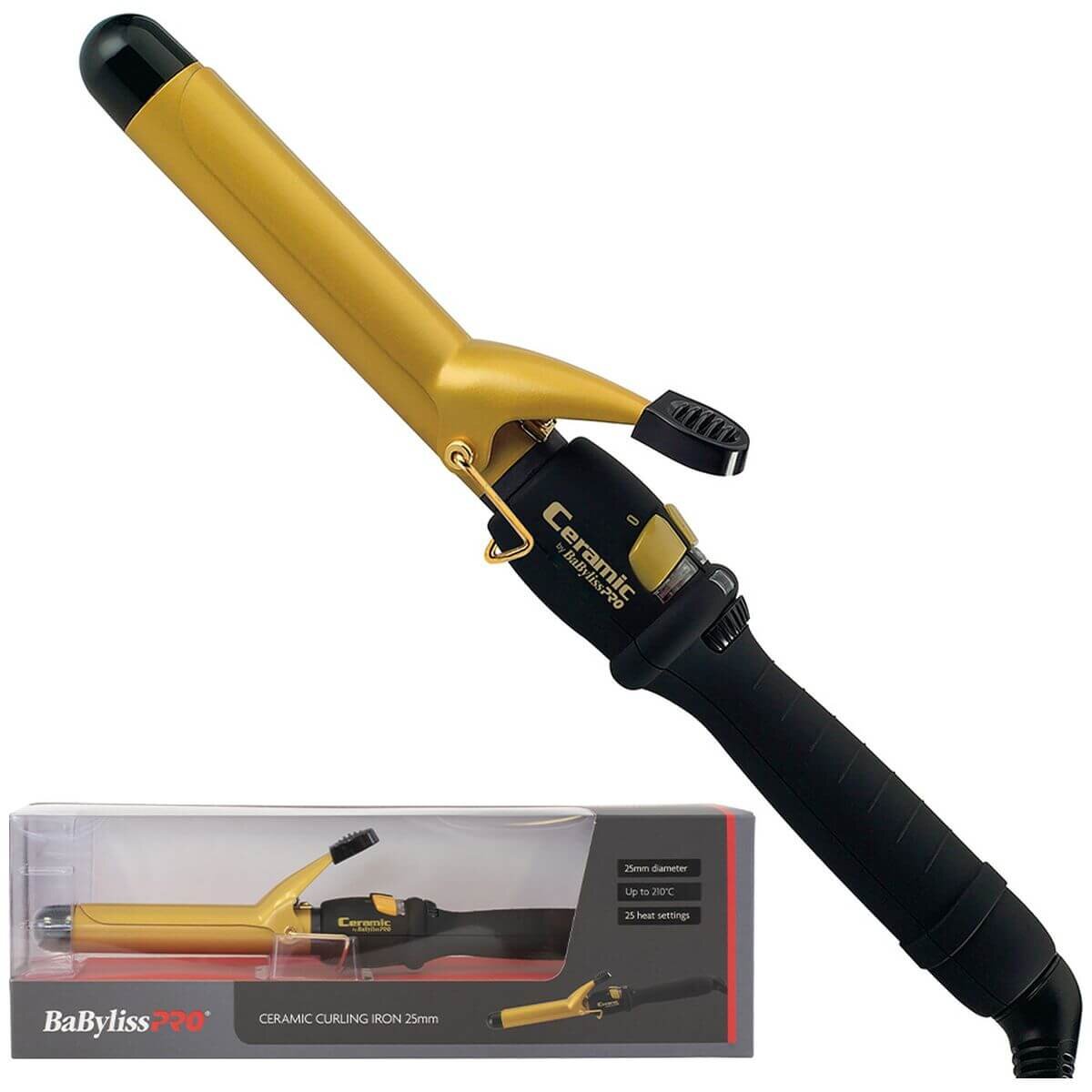 BaBylissPRO 25mm ceramic curling iron - black and gold, 25 heat settings, fast heat up, swivel cord - 900783