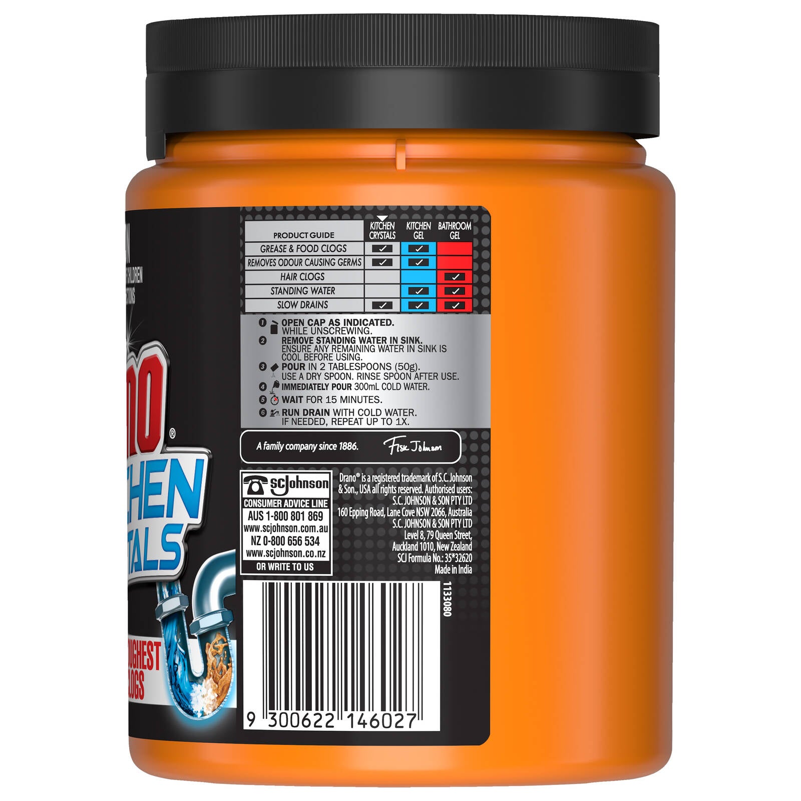 Drano Kitchen Drain Crystals 500g, Grease & Food Clog Remover