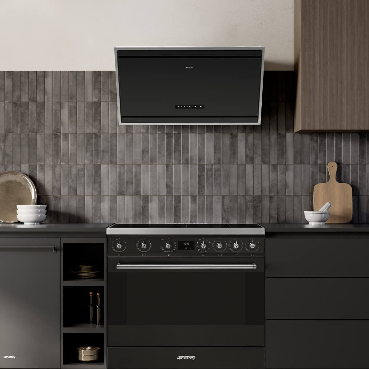 Smeg 90cm Angled Wall Mount Rangehood - Matte Black, 729m³/h, Autovent 2.0, Touch Controls - KV394MB