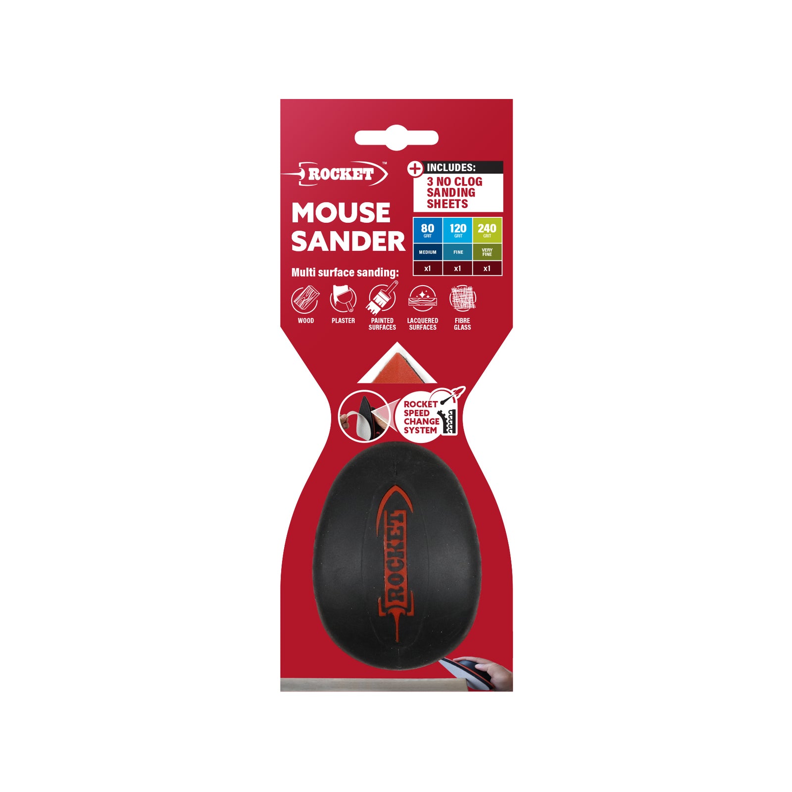 Rocket Mouse Sander 130mm, Hook & Loop with Pointed Tip and Sandpaper Sheets