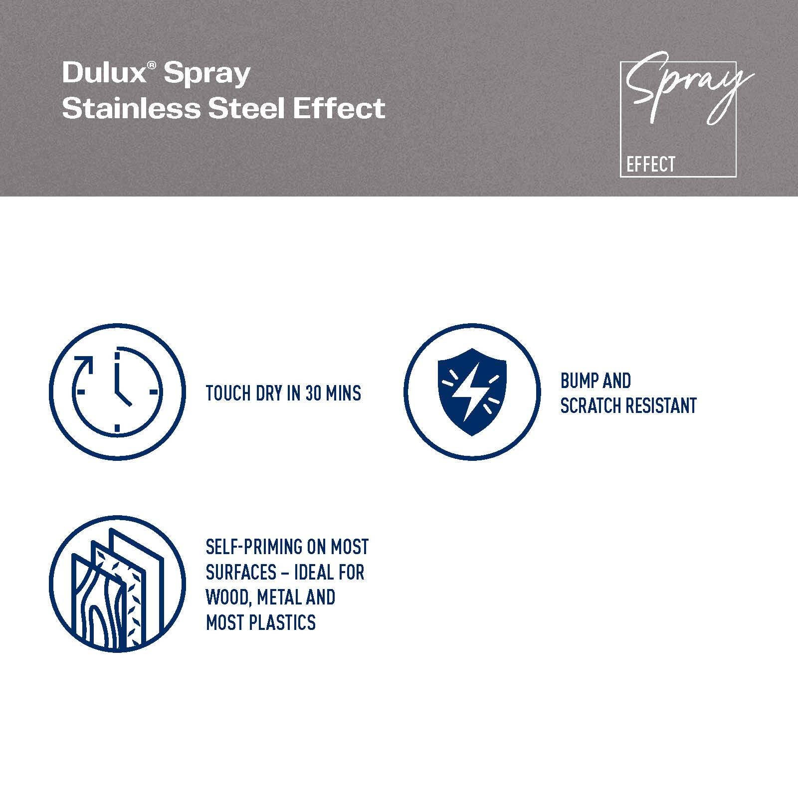 Dulux 300g Stainless Steel Effect Spray Paint, Decorative Metallic Finish for Metal, Wood & Plastic