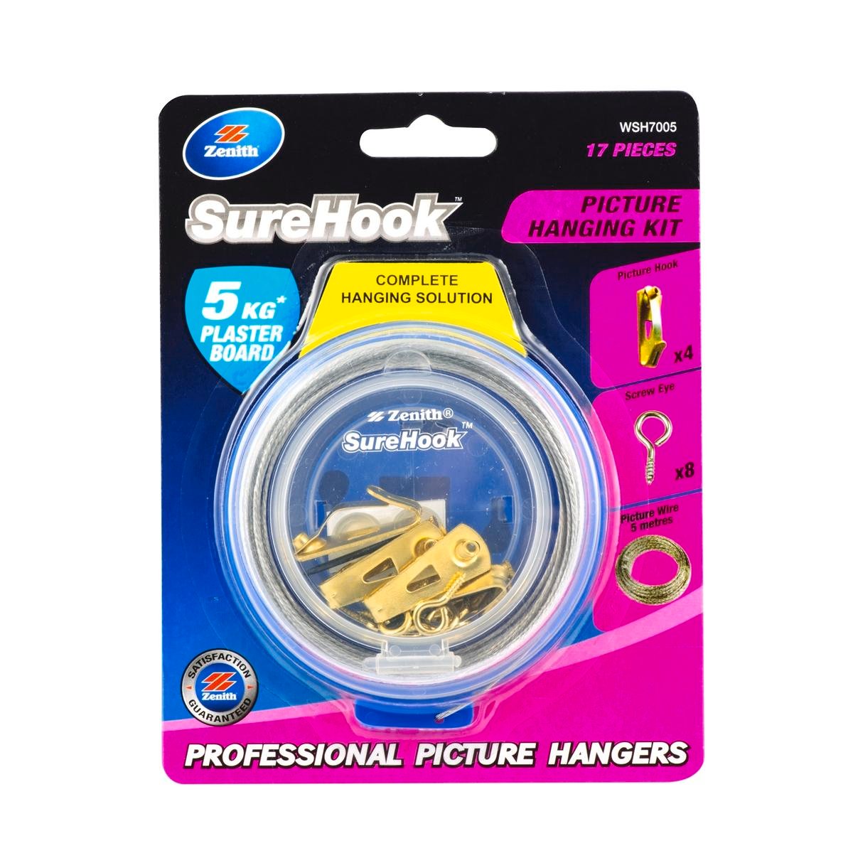 Zenith SureHook 5kg Brass Plated 17 Piece Picture Hanging Kit - Hooks, Wire & Screw Eyes