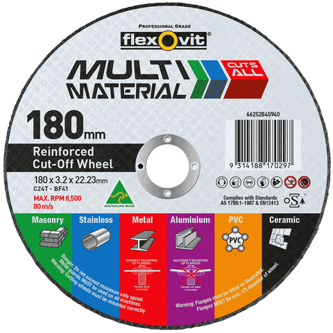 Flexovit 180 x 3.2 x 22.23mm Silicone Carbide Multi Material Reinforced Cut Off Wheel