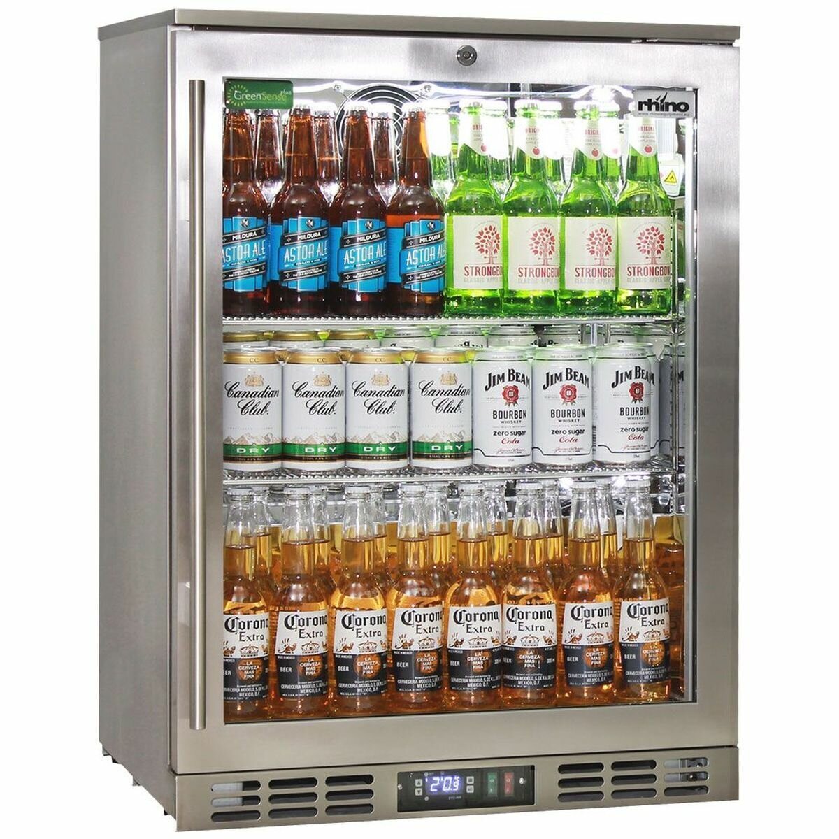 Rhino 129L Heated Glass Door Bar Fridge - Stainless Steel, Lockable, Two Adjustable Shelves, 7 Star - SG1R-HD