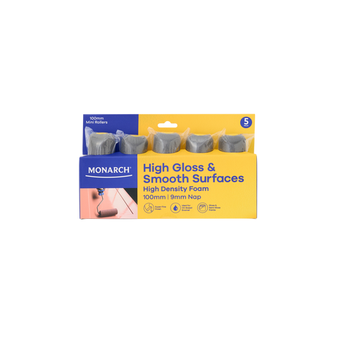 Monarch 100mm 9mm Nap High Density Foam Mini Rollers 5 Pack - High Gloss & Smooth Surfaces
