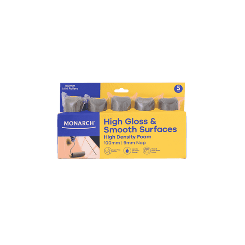Monarch 100mm 9mm Nap High Density Foam Mini Rollers 5 Pack - High Gloss & Smooth Surfaces