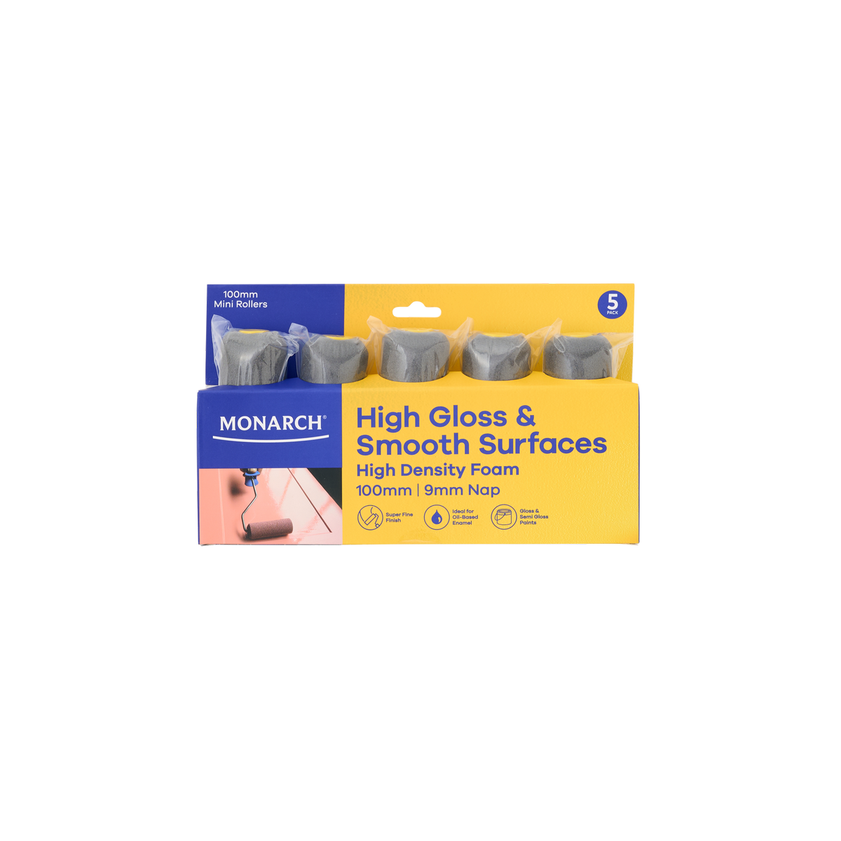 Monarch 100mm 9mm Nap High Density Foam Mini Rollers 5 Pack - High Gloss & Smooth Surfaces