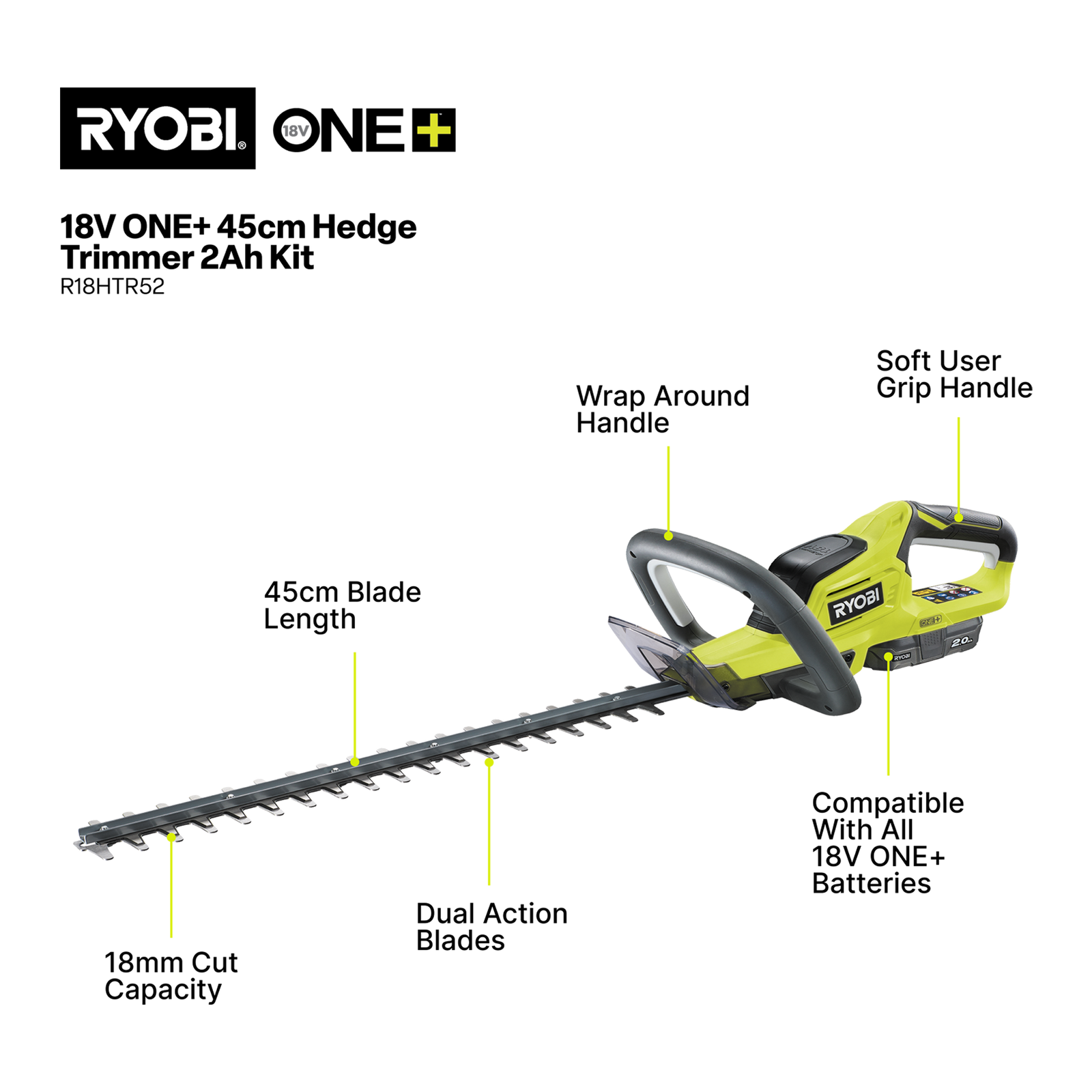 Ryobi 18V ONE+ 45cm Hedge Trimmer Kit R18HTR52 with 2.0Ah Battery & Charger