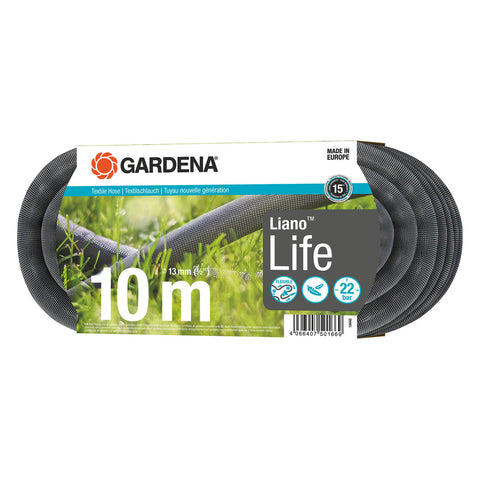 GARDENA Liano Life 13mm x 10m Textile Garden Hose - Black, Kink & UV Resistant, 2200kPa Burst