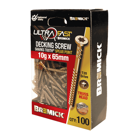 Bremick UltraFast 10g x 65mm 304 Stainless Steel Bronze T20 Truss Head Decking Screw - 100 Pack