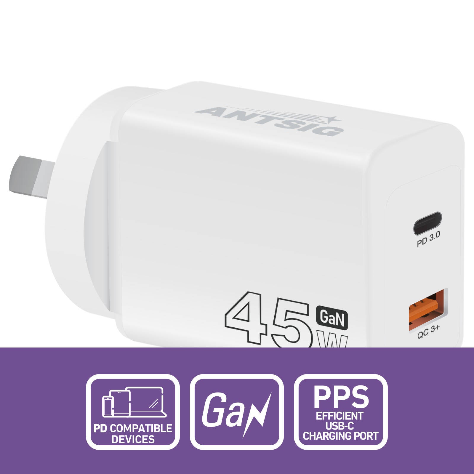 Antsig 45W 2-Port USB GaN Wall Charger APWC45WAC - White, USB-C PD & USB-A