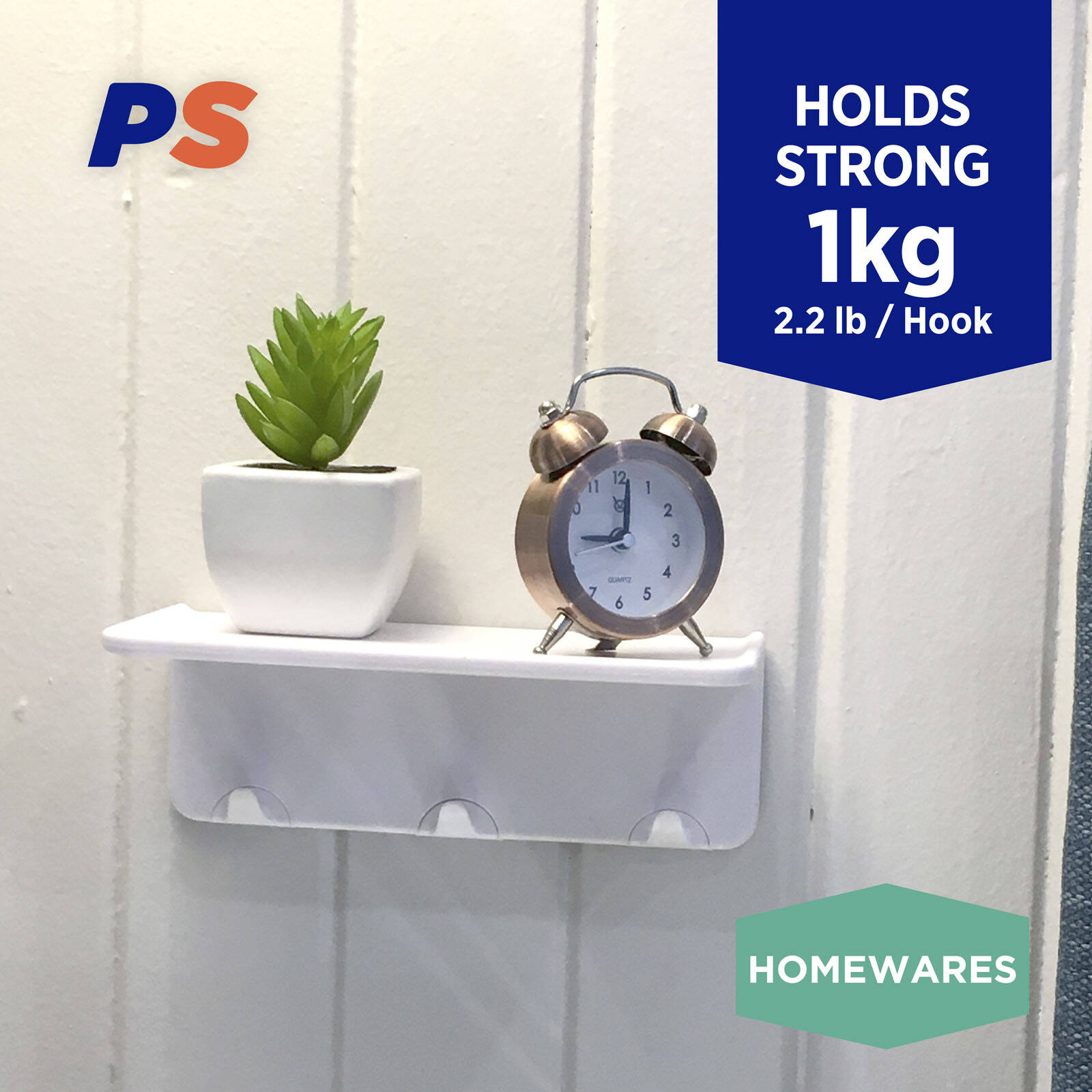 Permastik Removable Utility Shelf - White Self Adhesive Plastic Shelf with Hooks