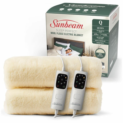 Sunbeam Sleep Perfect Wool Fleece Queen Electric Blanket - Australian Wool, Dual Controls - BLW6651
