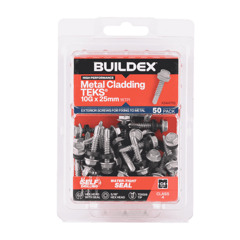 Buildex 10G x 25mm Class 4 Metal Cladding TEKS Screws with Seal - 50 Pack