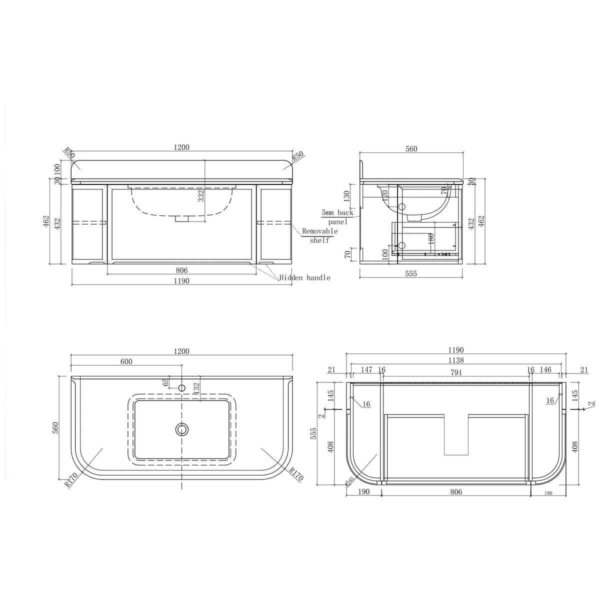 Turner Hastings Evara 120cm wall hung vanity - marble top, white, 3 tapholes - EV120-WH-3TH