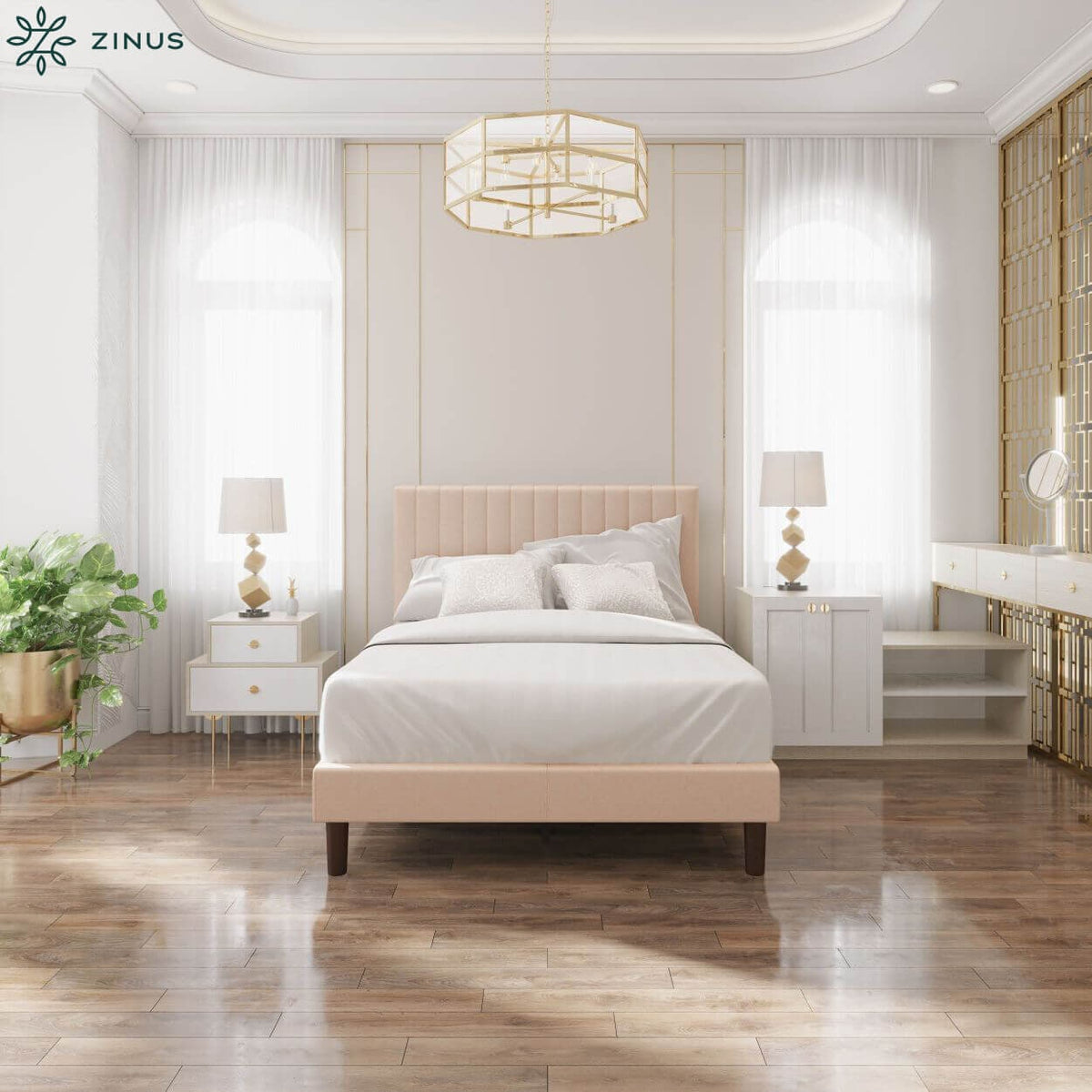 Zinus Debi queen upholstered fabric bed base - beige, tall headboard, no box spring required - AU-FHVP-Q