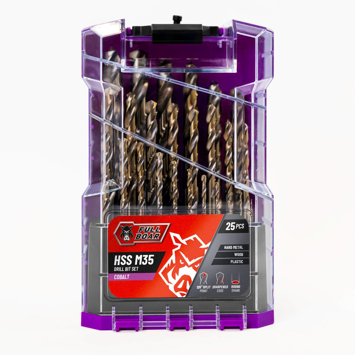 Full Boar 25 Piece HSS M35 Cobalt Drill Bit Set, 135-Degree Split Point