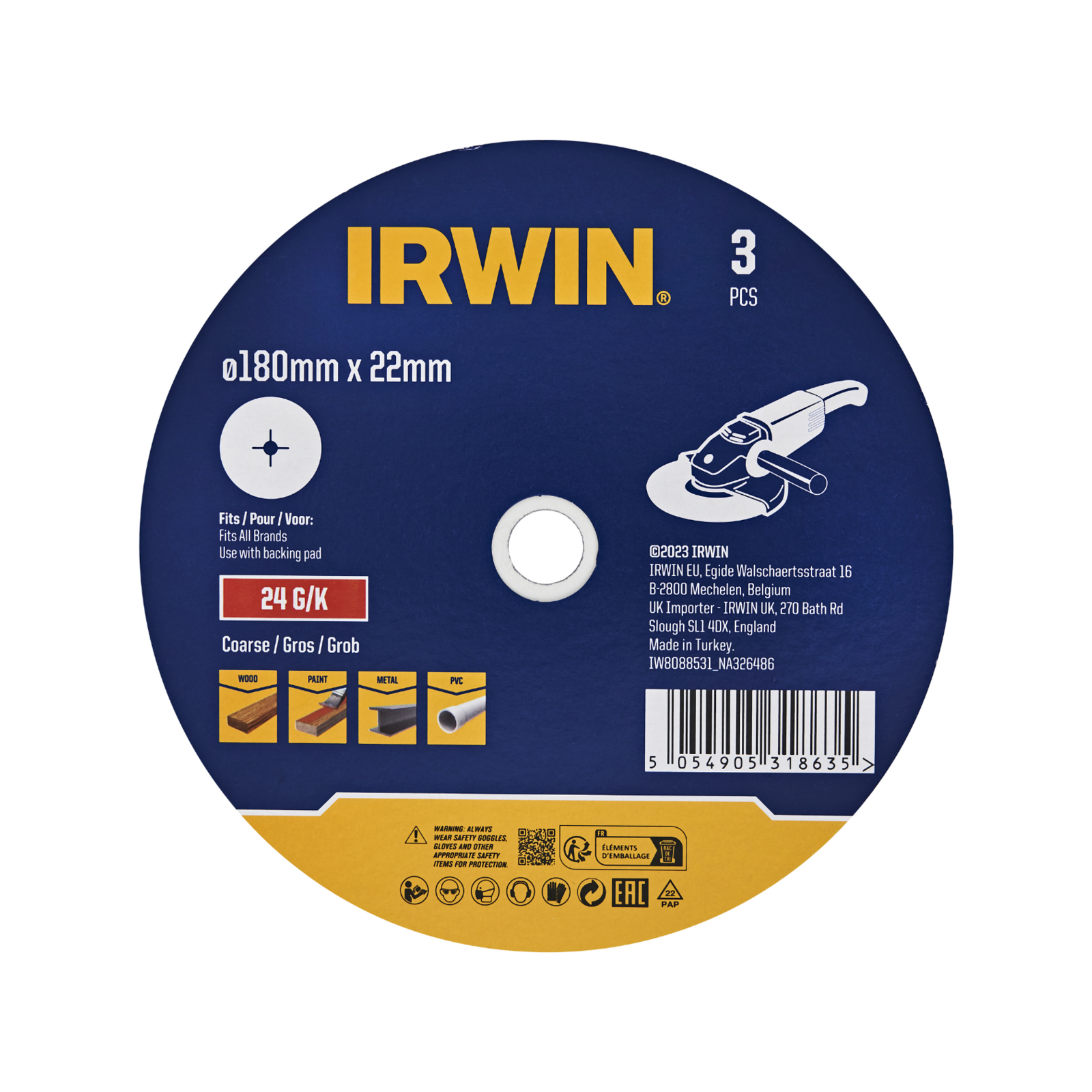 IRWIN 180 x 22mm 24 Grit Fibre Disc - 3 Pack