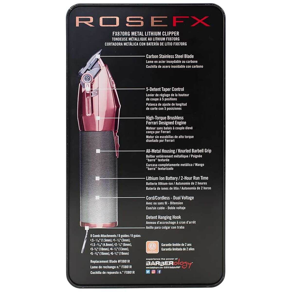 BaBylissPRO Rose FX Lithium cord/cordless hair clipper - rose gold, 6300RPM, two hour runtime - 900727