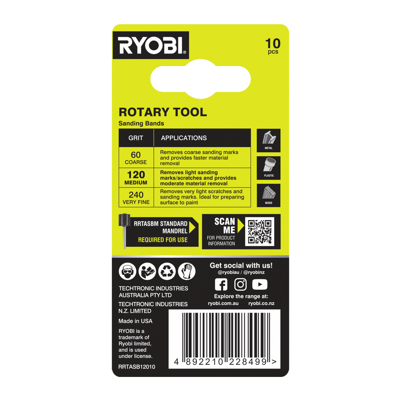 Ryobi 120 Grit Rotary Tool Sanding Band - 10 Pack