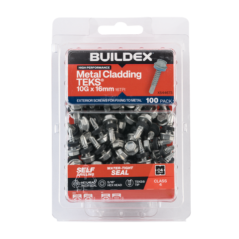 Buildex 10G x 16mm Class 4 Metal Cladding TEKS Screws with Seal, Hex Head - 100 Pack