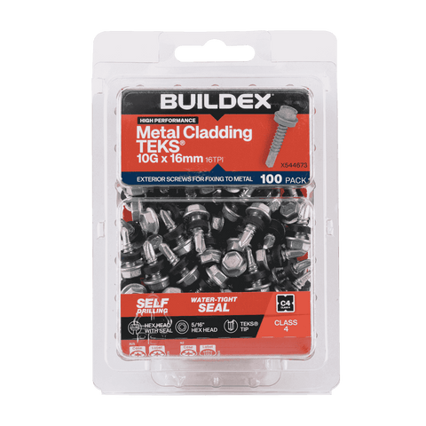 Buildex 10G x 16mm Class 4 Metal Cladding TEKS Screws with Seal, Hex Head - 100 Pack
