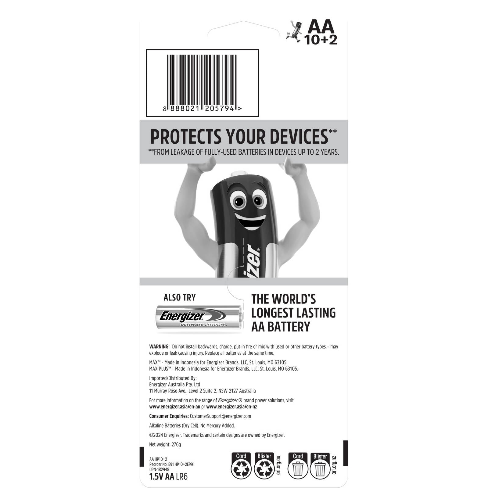 Energizer Max AA Alkaline Batteries 12 Pack (10+2), 1.5V Long Life