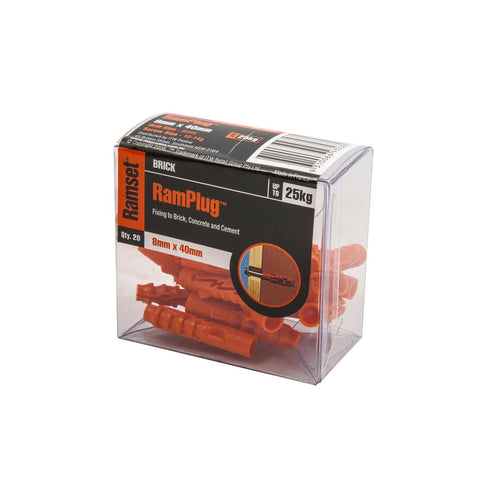 Ramset 8 x 40mm RamPlug Nylon Wall Anchor, Orange - 20 Pack