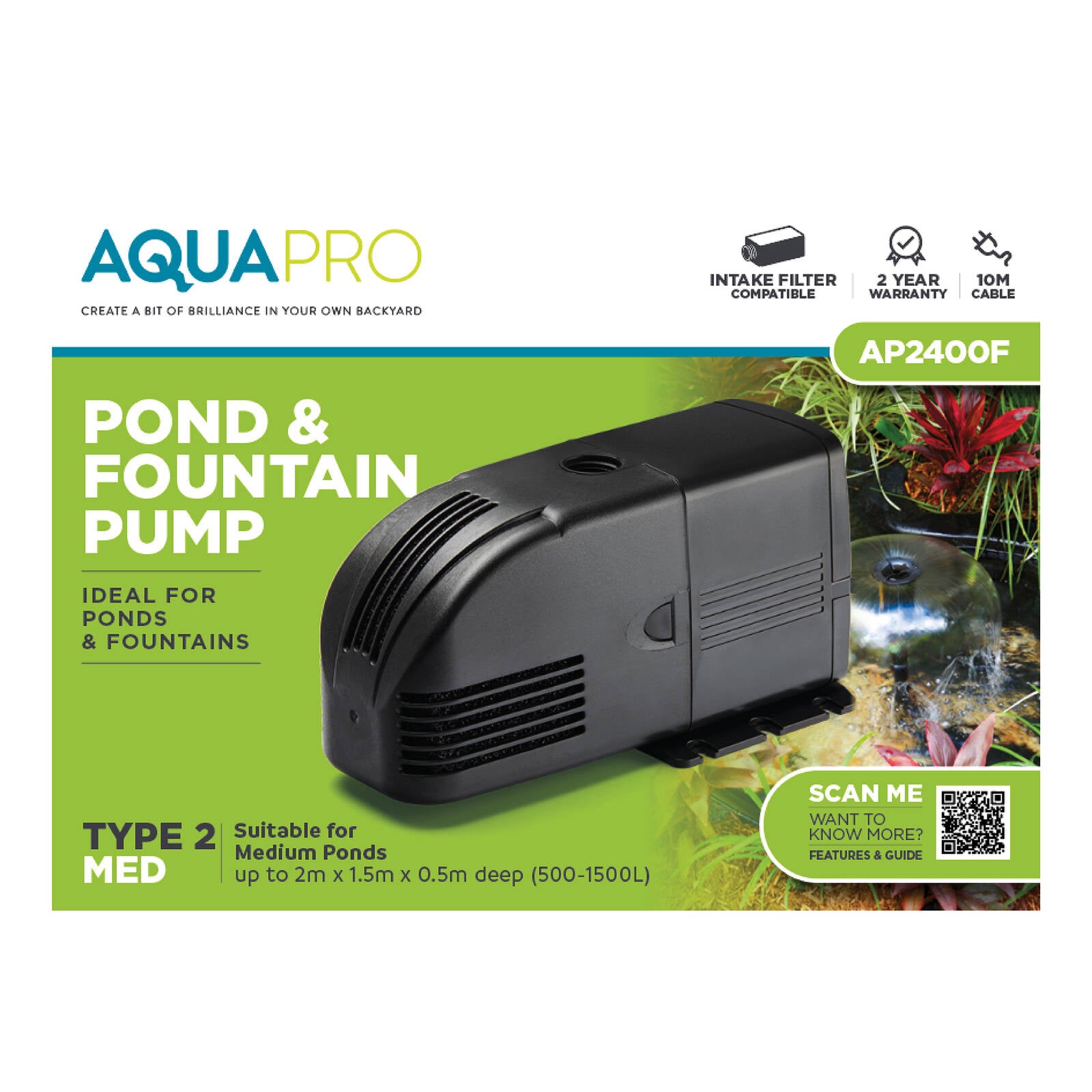 Aquapro AP2400F Pond & Fountain Pump 92W Submersible, Adjustable Flow, 19mm Tubing
