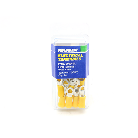 Narva 5-6mm Yellow Insulated Flared Vinyl Ring Terminal 5mm Eye - 14 Pack